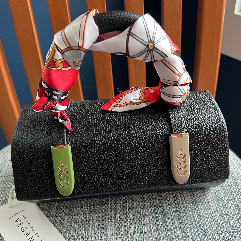 Black Handbag with Red and Green Accents